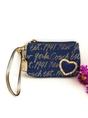 NWT Vintage Coach Script New York Heart Wristlet - Navy & Gold